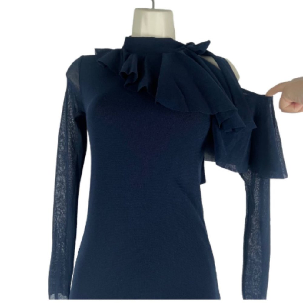 FUZZI Neck Tie Midi Dress Mesh Stretch Ruffle Navy Blue - Size XL